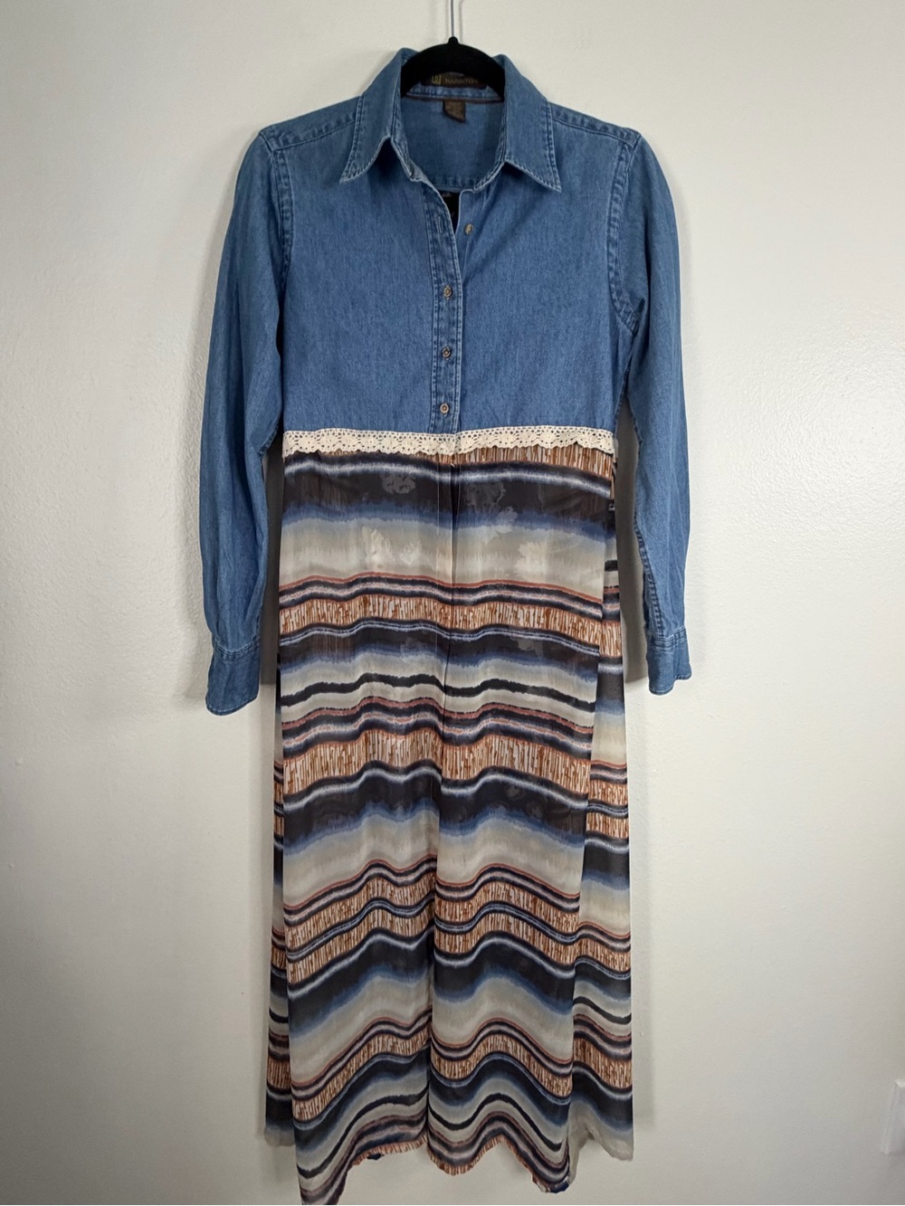 Upcycled Midi Maxi Dress Size Small Denim Top Sheer Fabric Skirt Boho Artisan